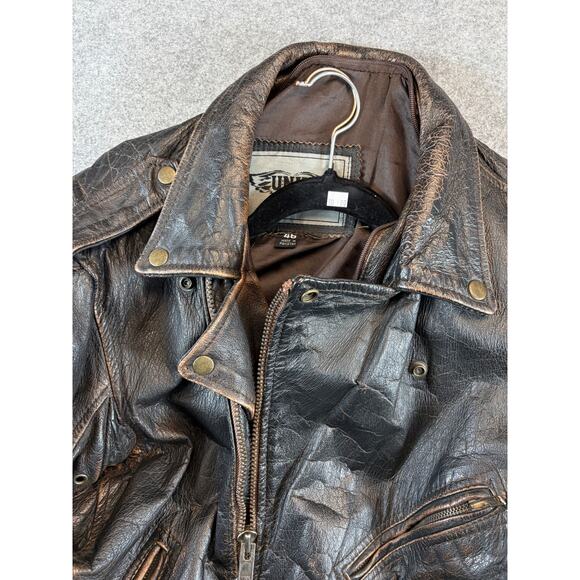 VINTAGE Unik Biker Leather Jacket Men Size 46 Brown USA Flag Embossed Motorcycle - Picture 5 of 10